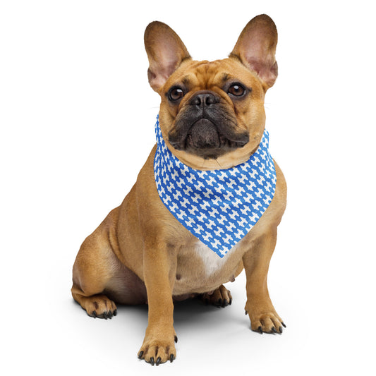 Dog wearing bandana with H logo pattern, in Columbia Blue.