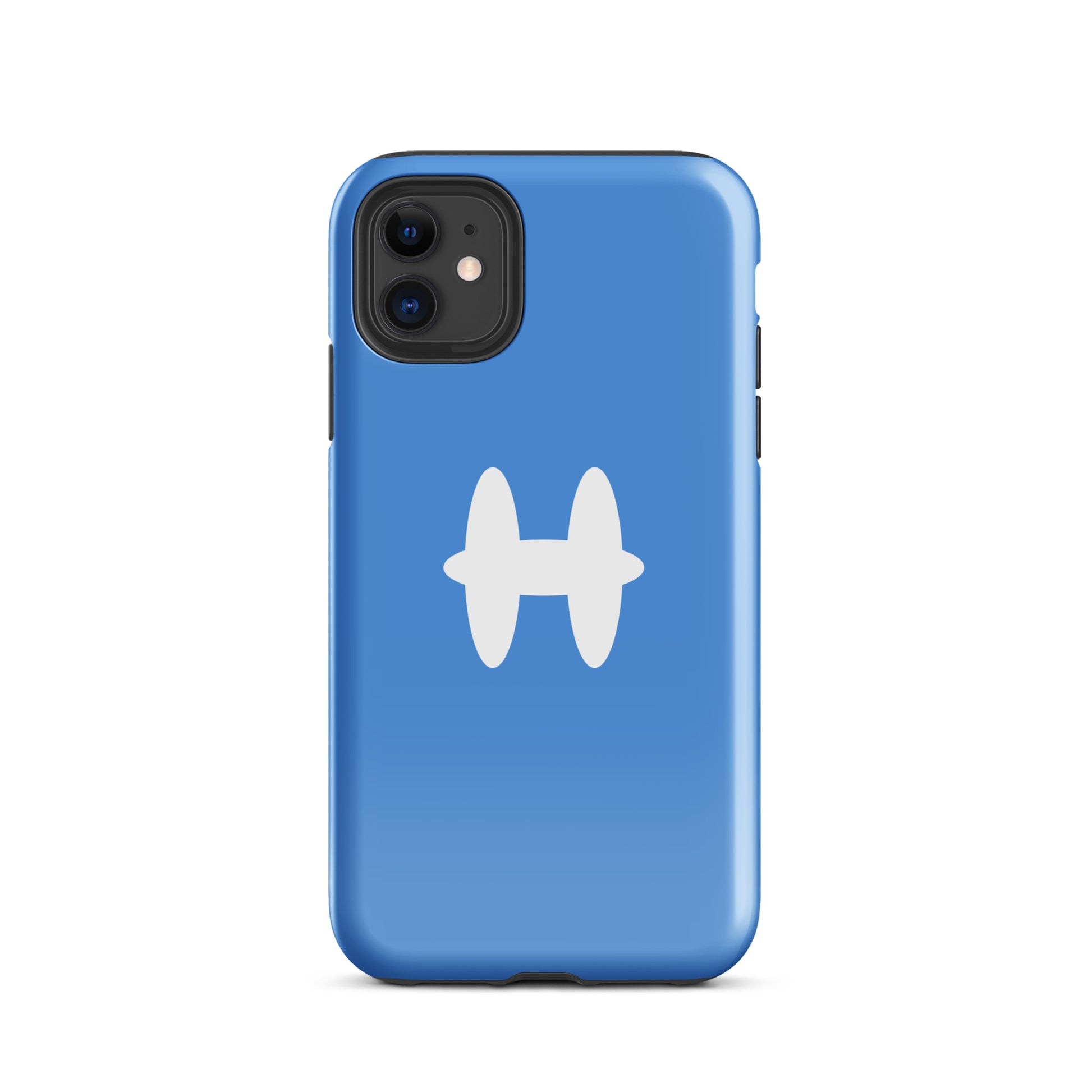 iPhone 11 Case Columbia Blue, white H logo. 
