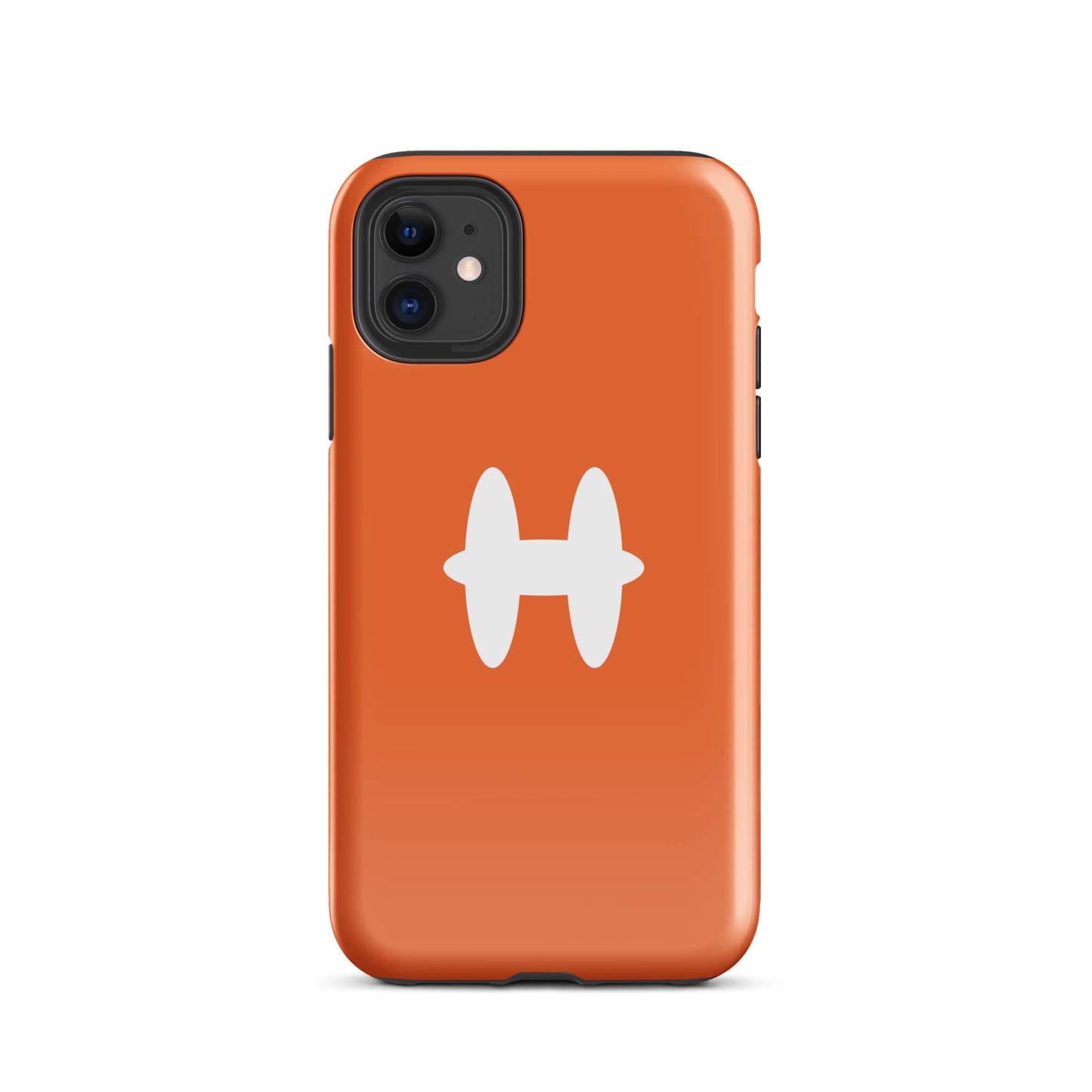 iPhone 11 Case Orange, white H logo. 
