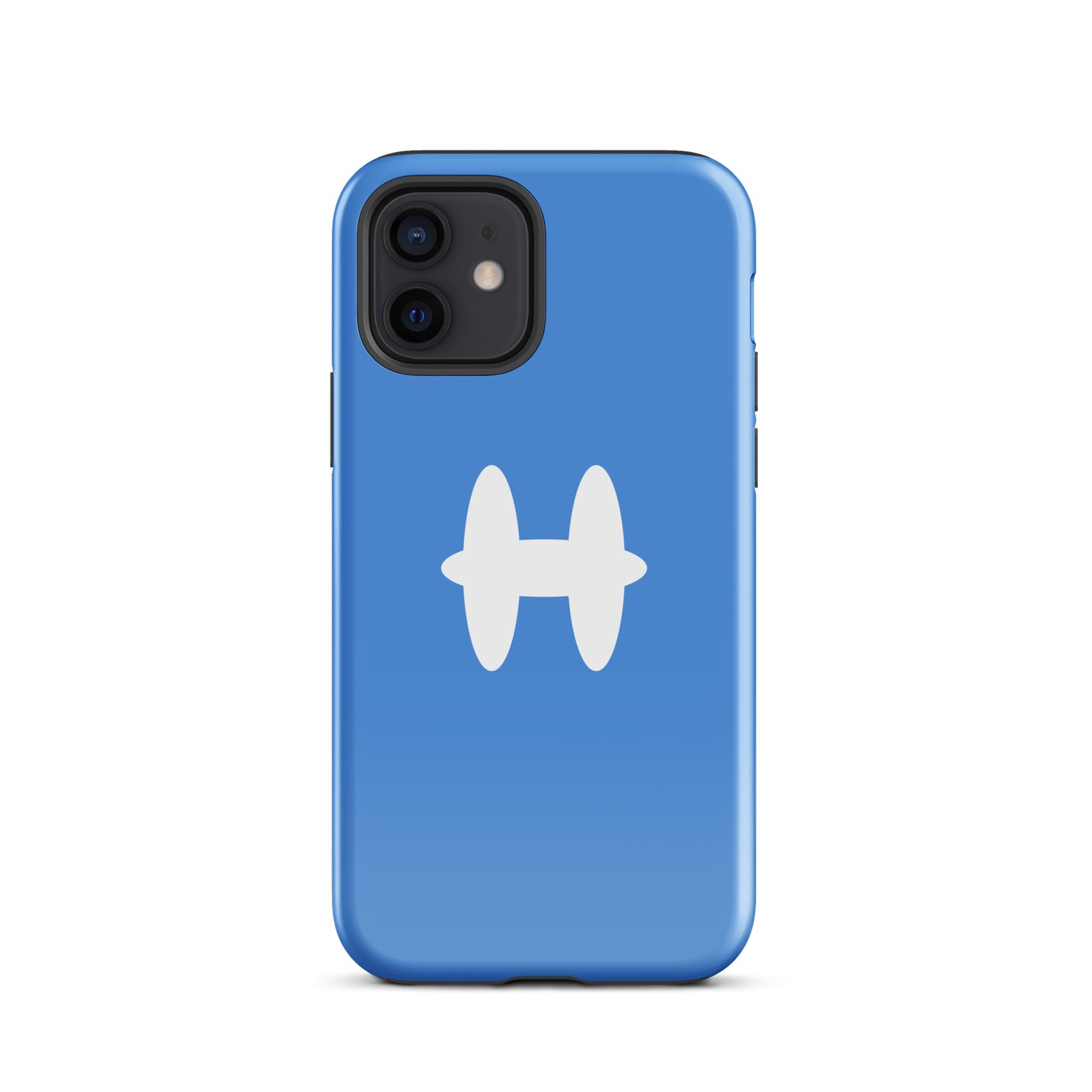 iPhone 12 Case Columbia Blue, white H logo. 