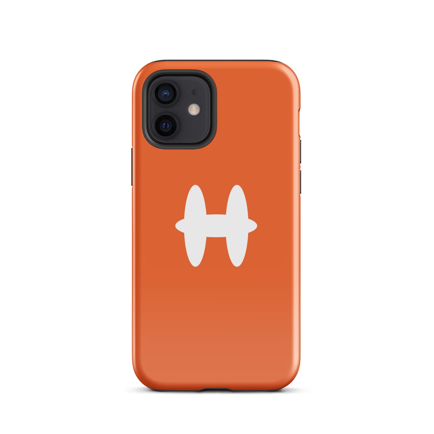 iPhone 12 Case Orange, white H logo. 