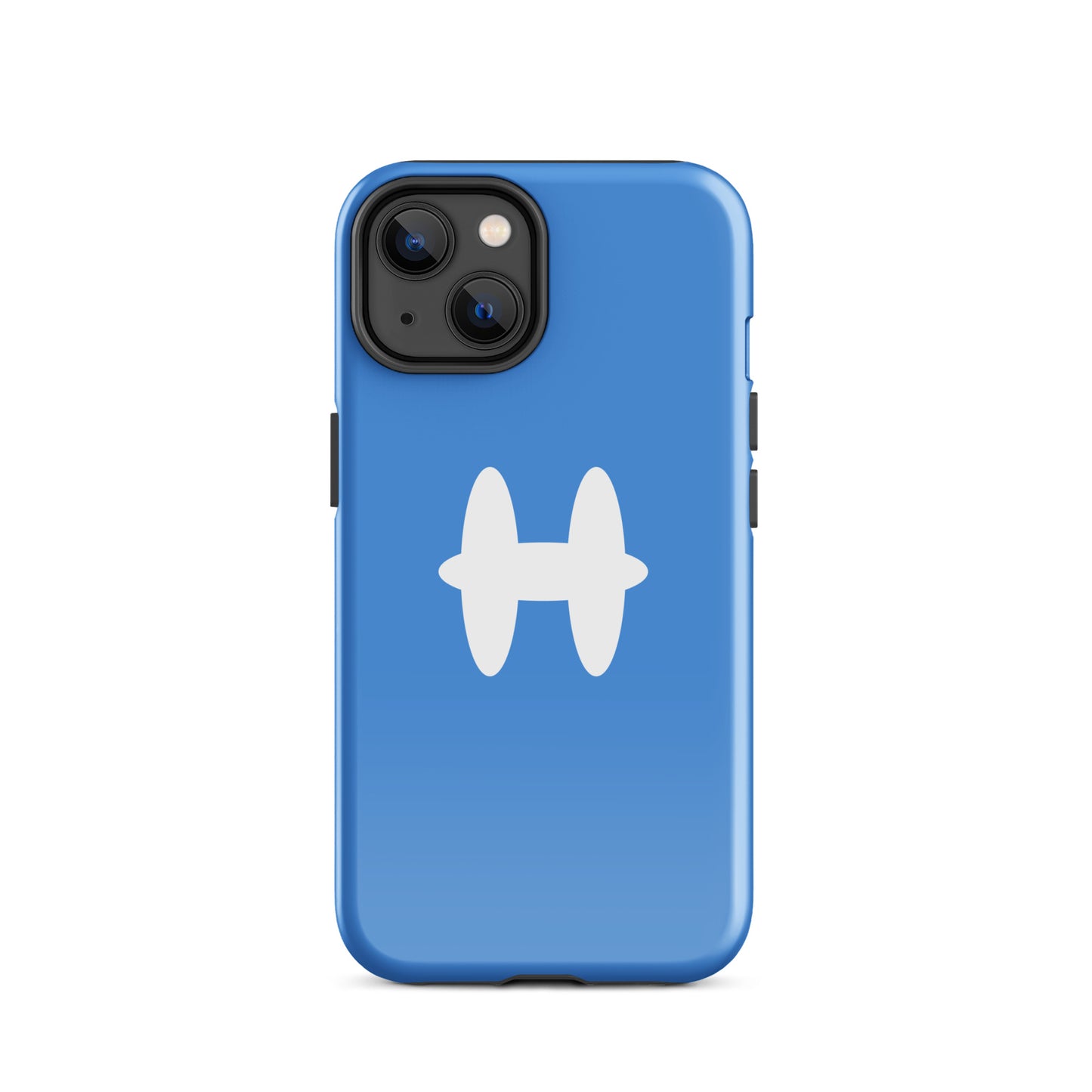 iPhone 14 Case Columbia Blue, white H logo. 