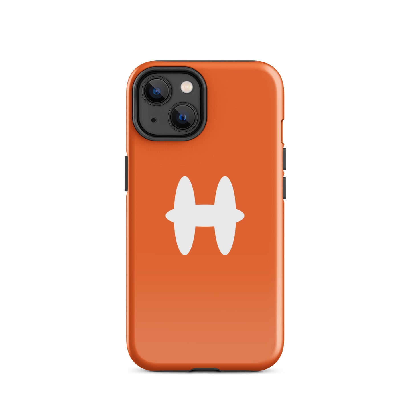 iPhone 14 Case Orange, white H logo. 
