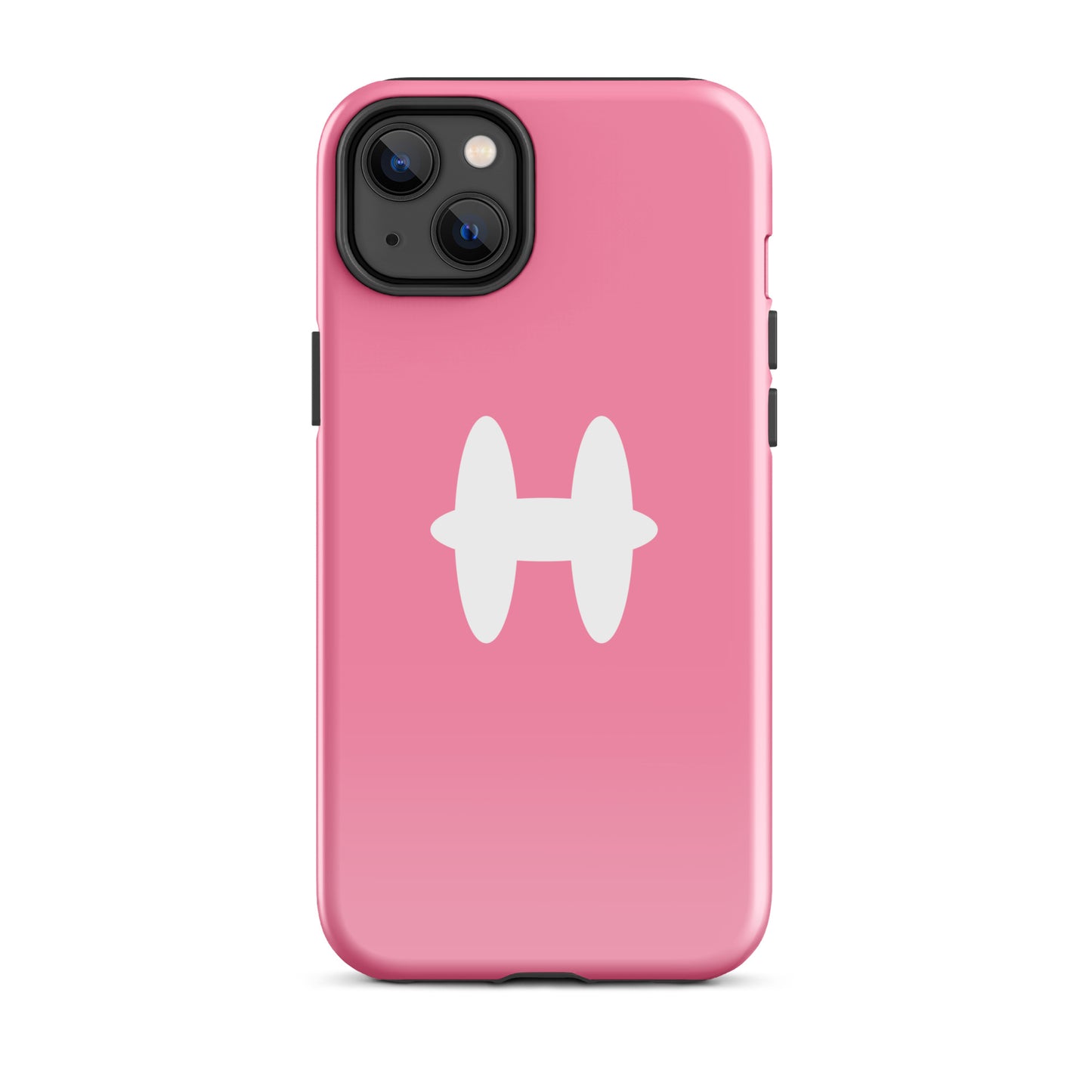 iPhone 14 Plus Case Pink, white H logo. 