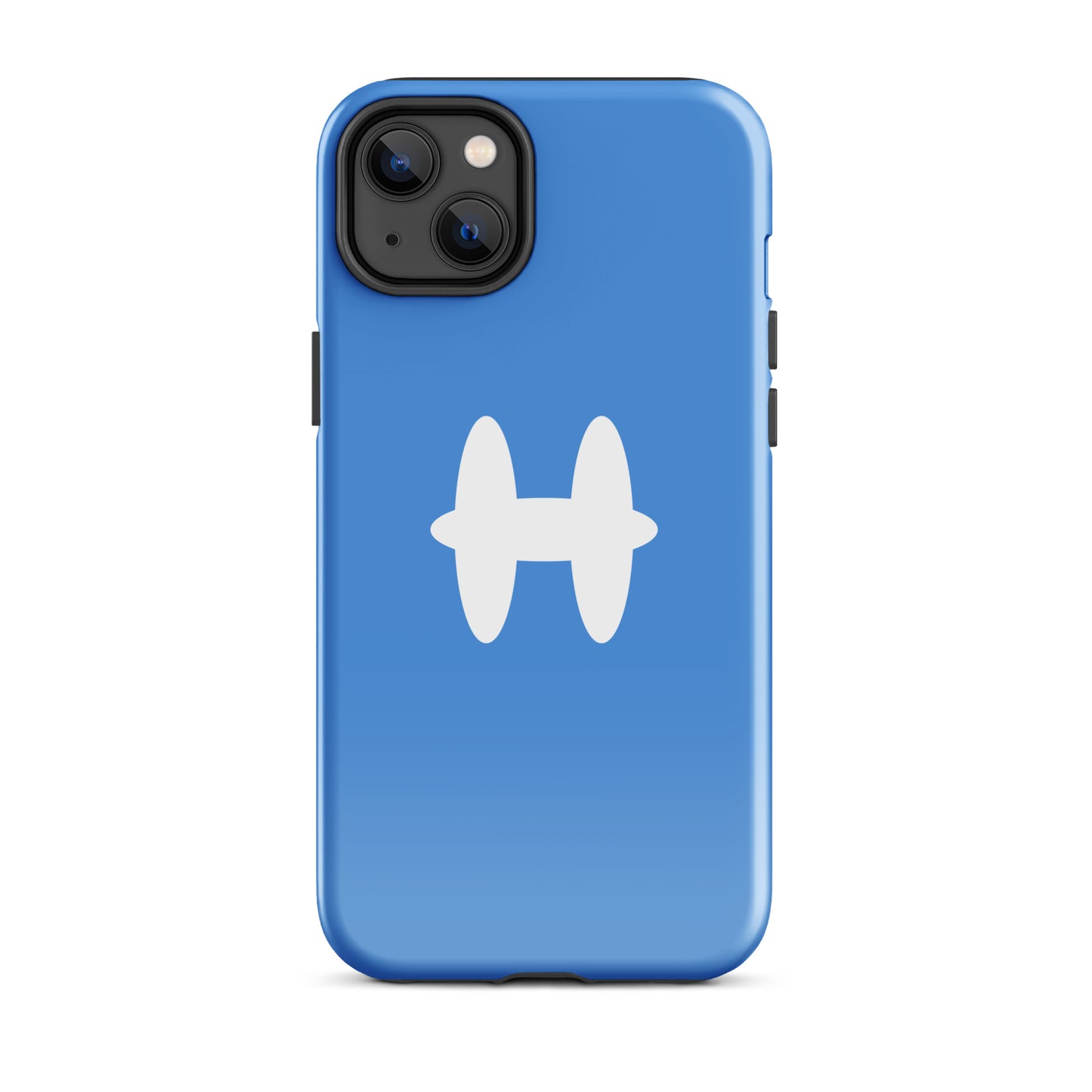 iPhone 14 Plus Case Columbia Blue, white H logo. 