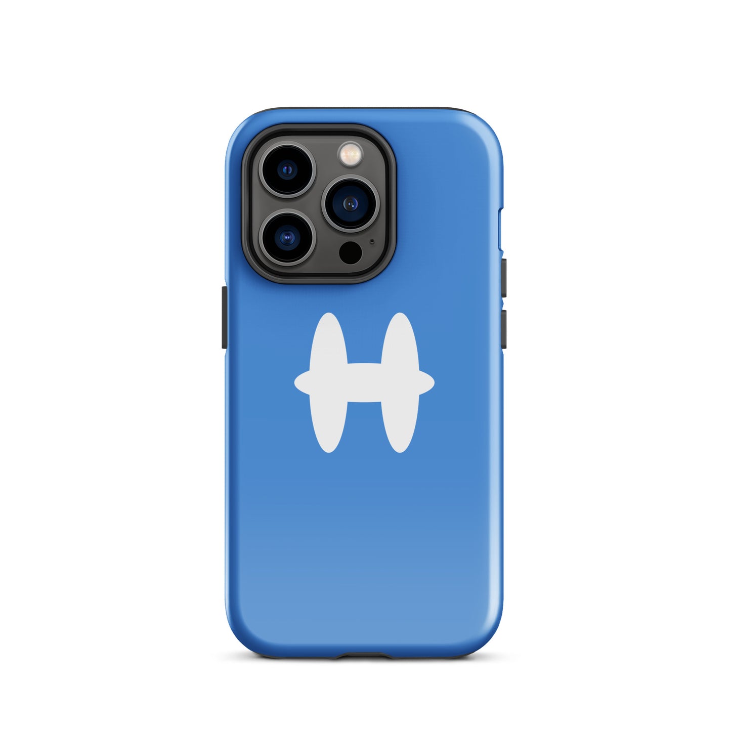 iPhone 14 Pro Case Columbia Blue, white H logo. 