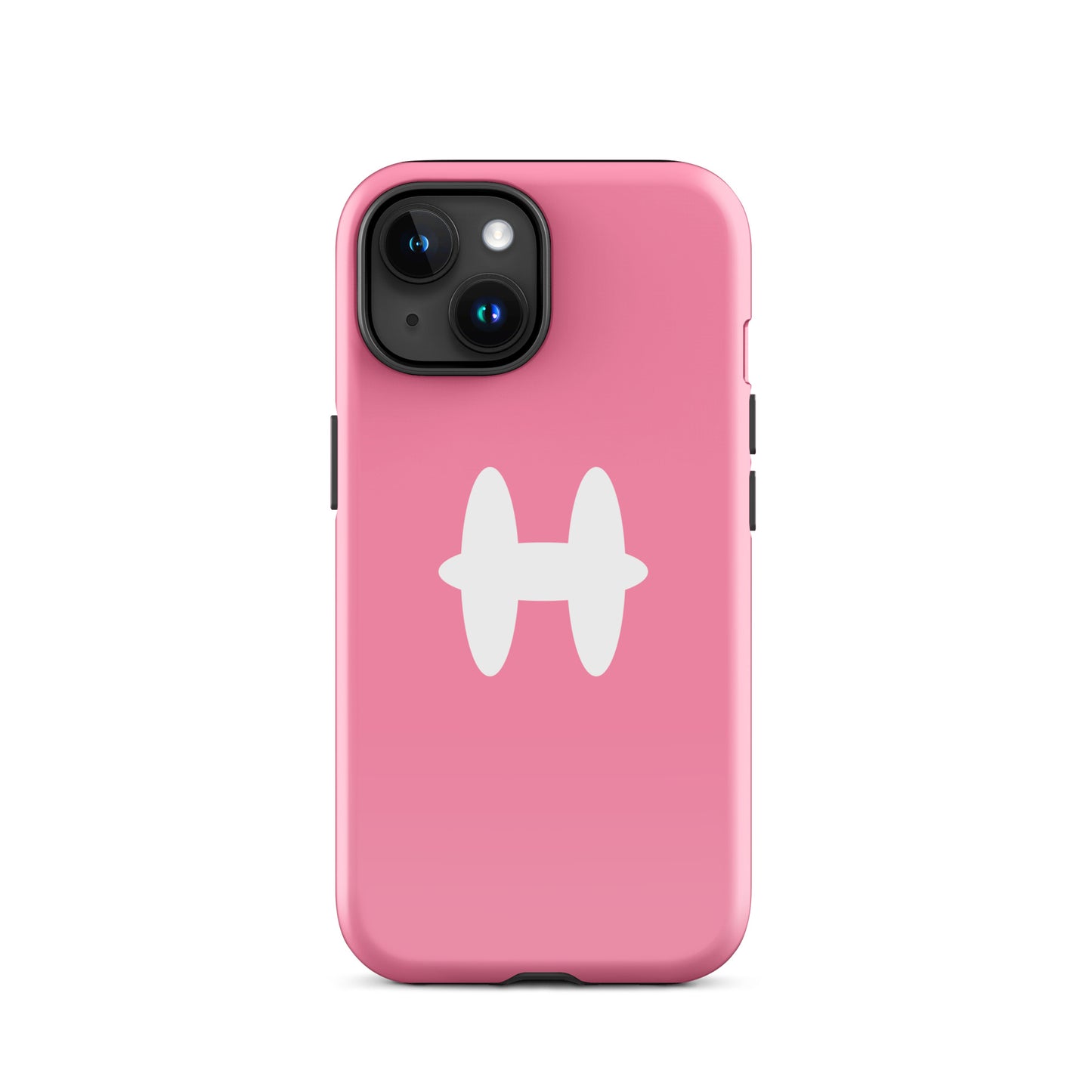 iPhone 15 Case Pink, white H logo. 