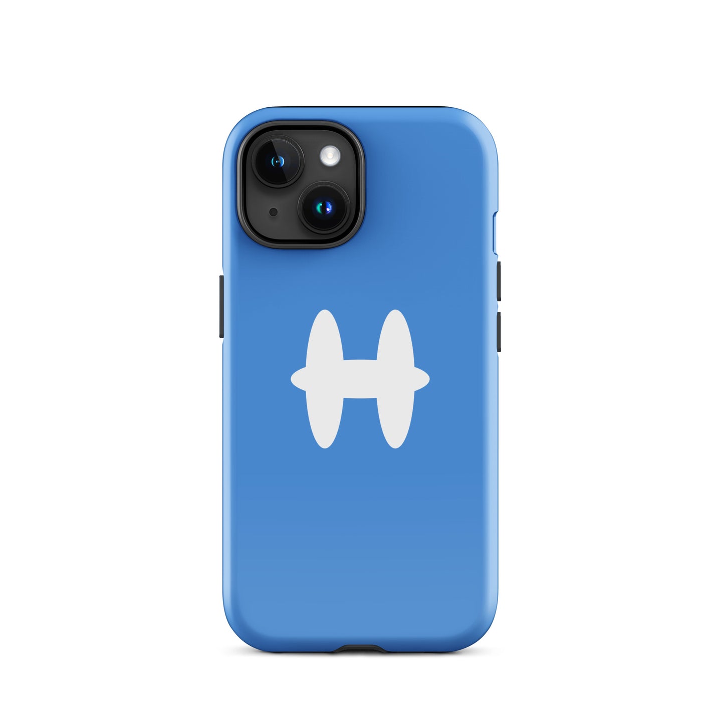 iPhone 15 Case Columbia Blue, white H logo. 