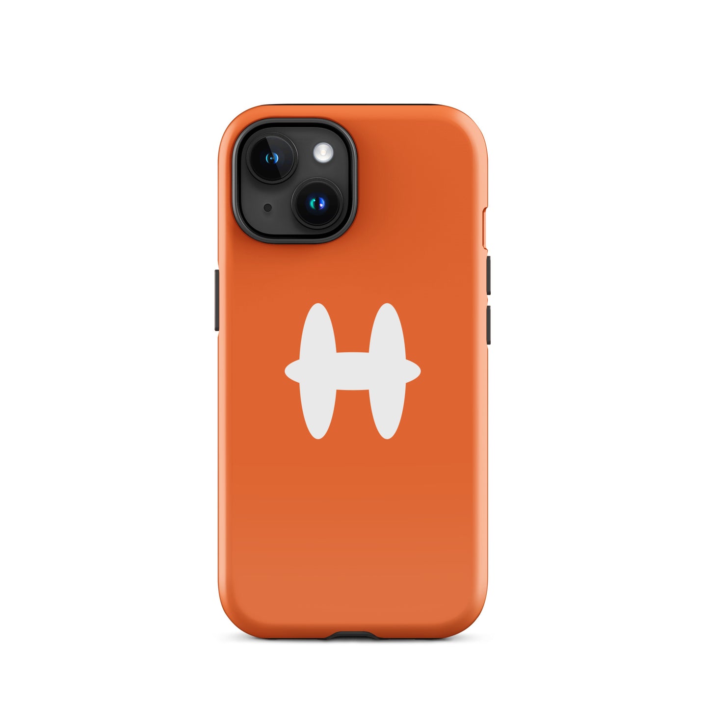 iPhone 15 Case Orange, white H logo. 
