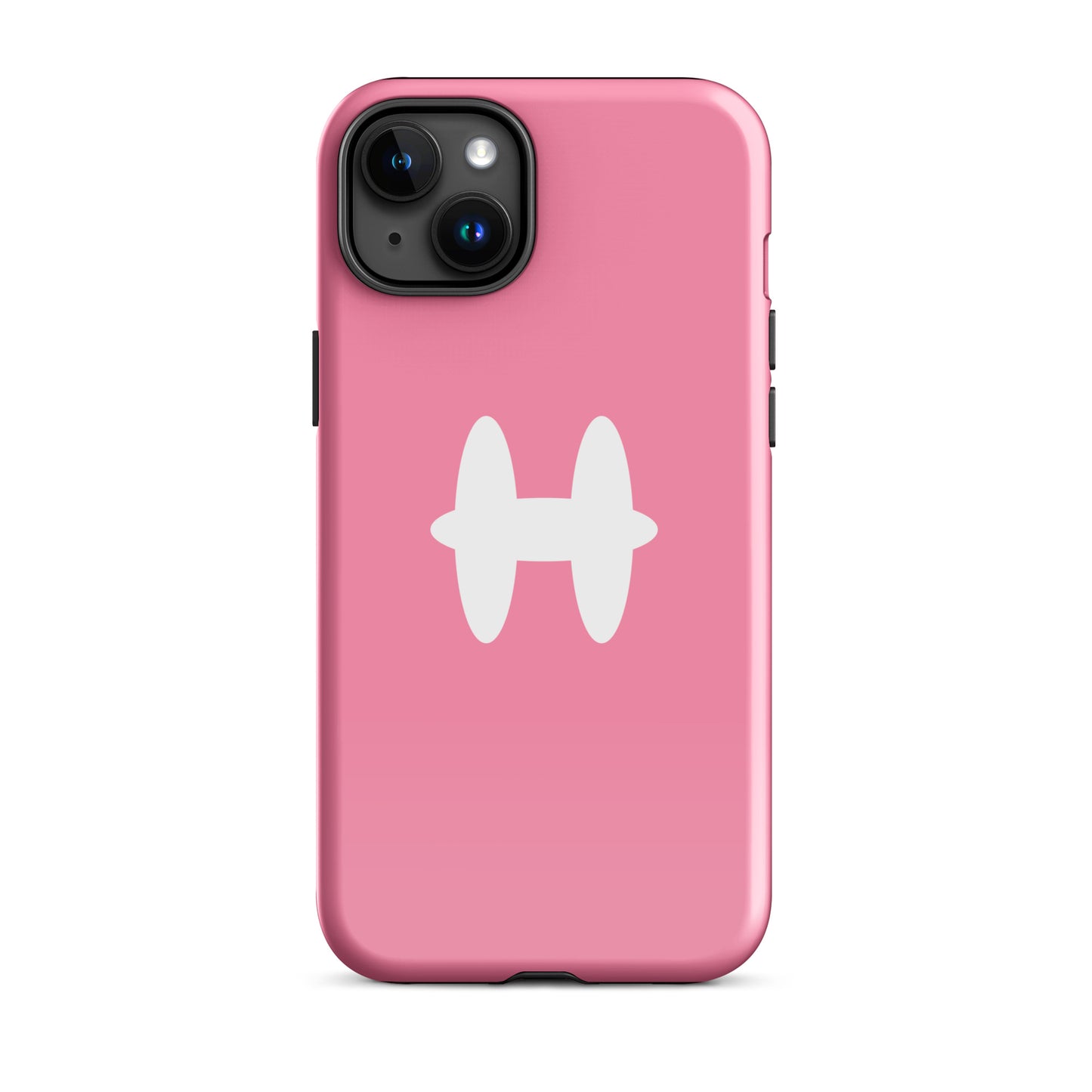 iPhone 15 Plus Case Pink, white H logo. 