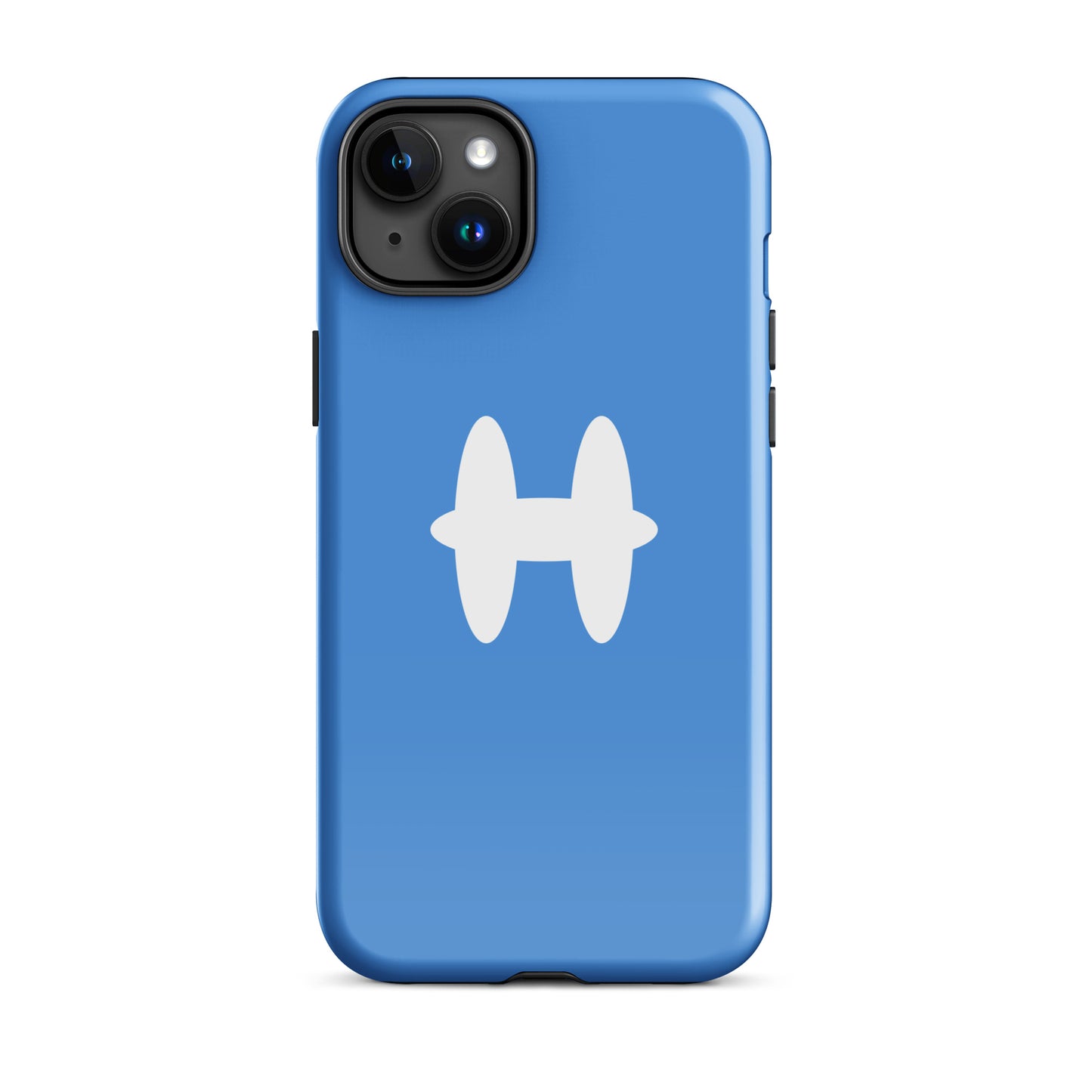 iPhone 15 Plus Case Columbia Blue, white H logo. 