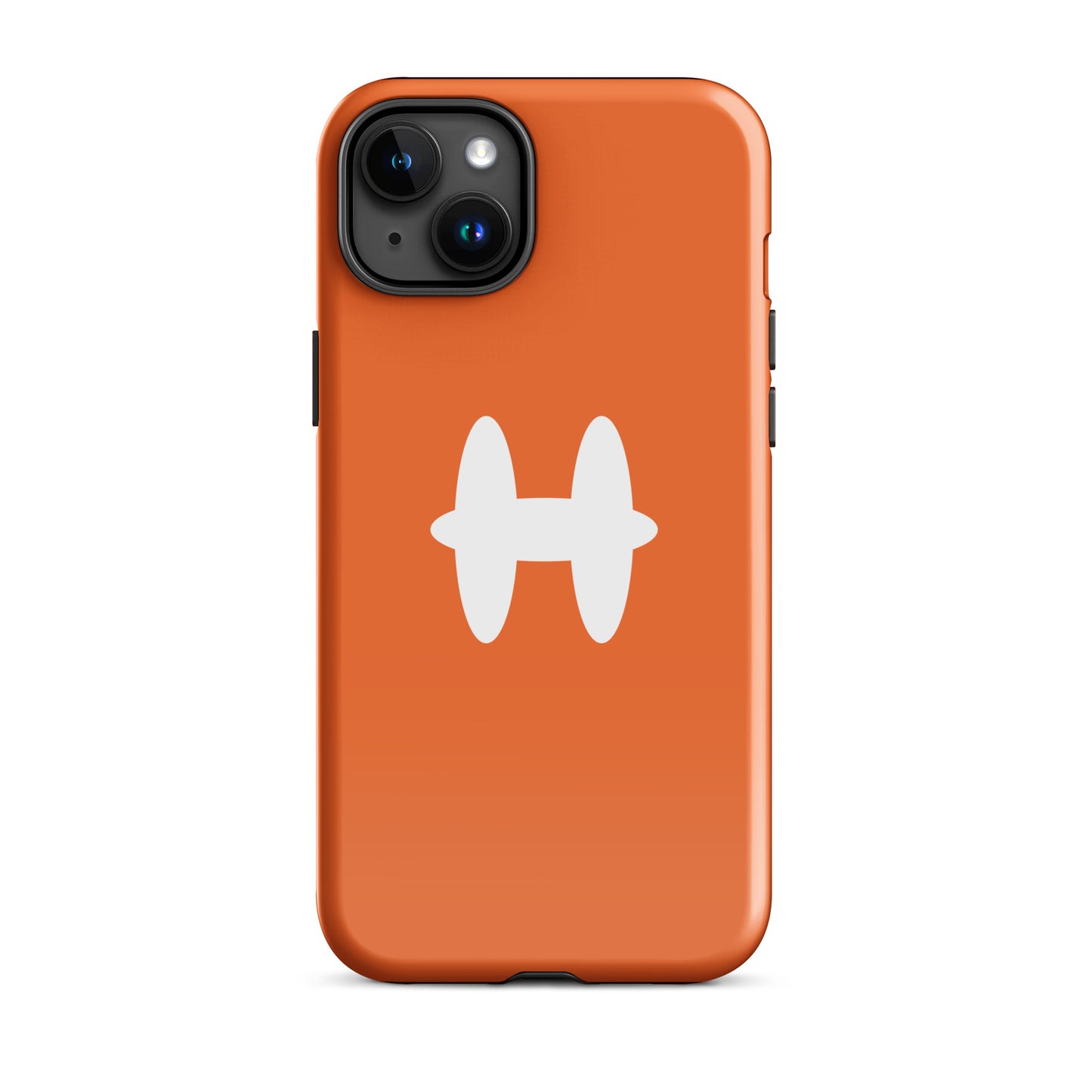 iPhone 15 Plus Case Orange, white H logo. 