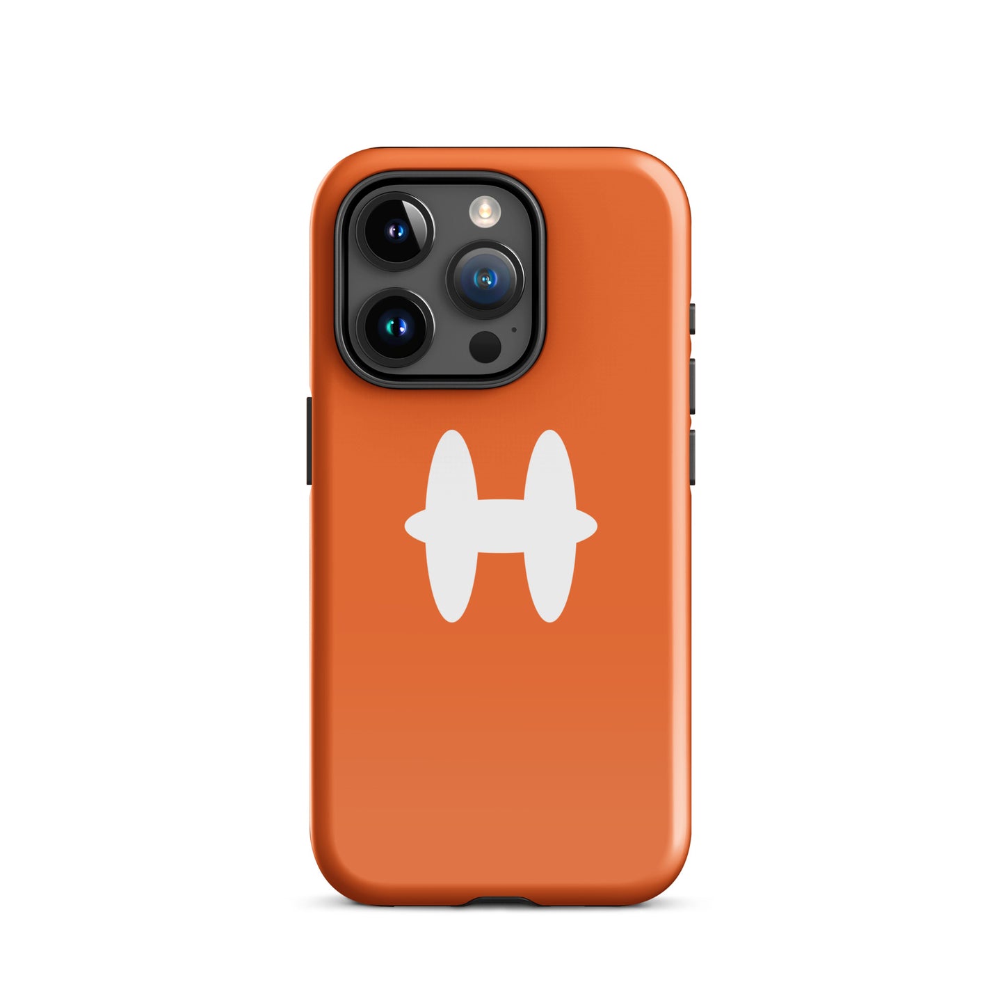 iPhone 15 Pro Case Orange, white H logo. 