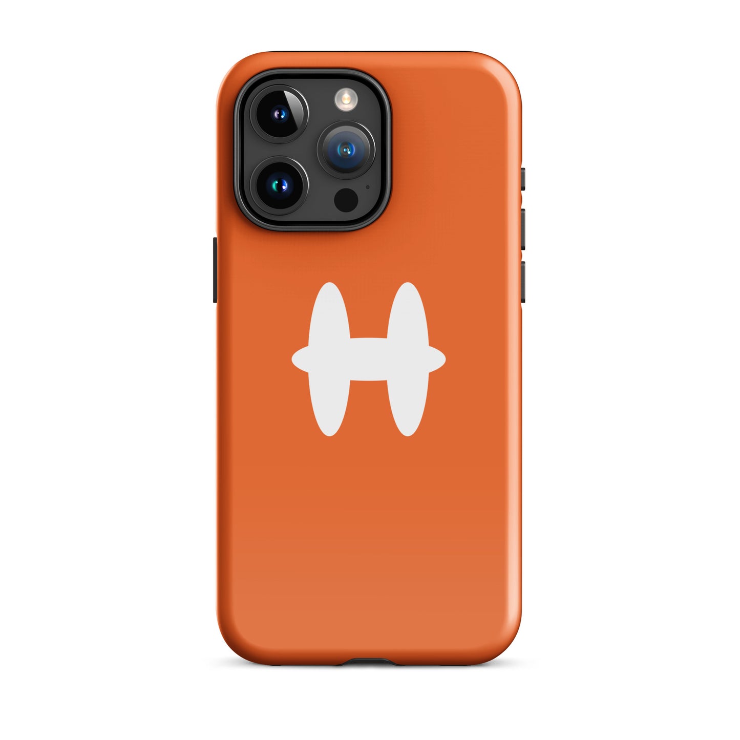 iPhone 15 Pro Max Case Orange, white H logo. 
